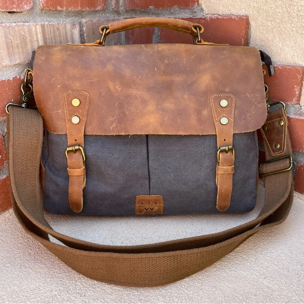 🆕WOWBOX 14” Canvas & Crazy Horse Leather Laptop Messenger Satchel Bag